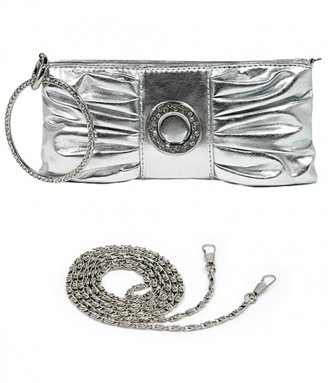 Evening Bag - Pleated PU Leather w/ Rhinestone Loop Wristlet – Silver – BG-7070M-SV